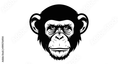 Chimpanzee Face Portrait, Black and White Vector Illustration
