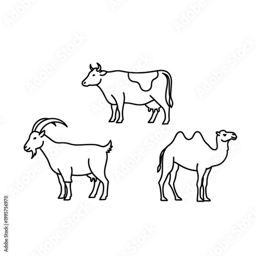 Farm Animals Line Art: Cow, Goat, Camel Vector Icons