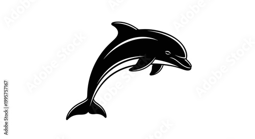 Silhouette of a leaping dolphin, black and white, isolated on white background