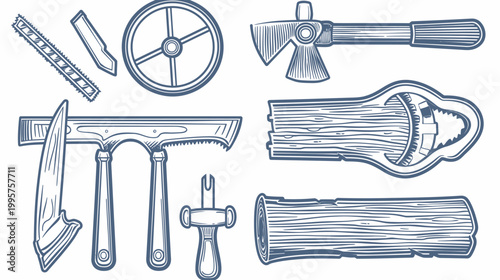 Collection of various hand tools in a monochrome style, for carpentry, woodworking, and crafting