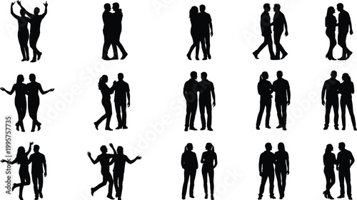 Silhouettes of diverse couples in various poses including hugging, dancing, walking, and talking, isolated on white background for lifestyle design concepts