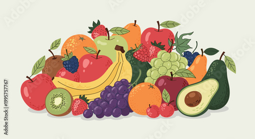 Fotografia A vibrant and colorful illustration of a large assortment of fresh, healthy fruits piled together, including apples, bananas, grapes, oranges, strawberries, kiwi, and avocado