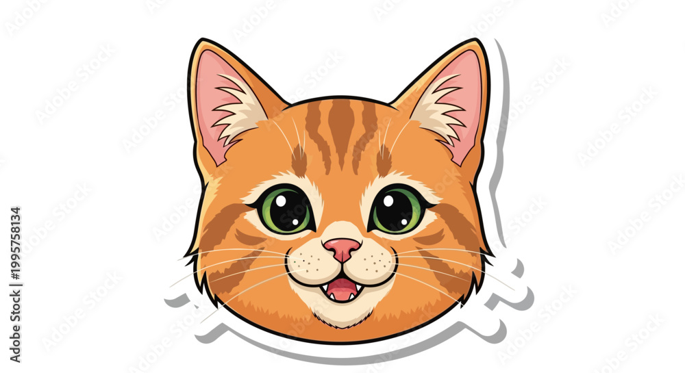 Fototapeta premium Cute Orange Tabby Cat Face Sticker, Kawaii Style
