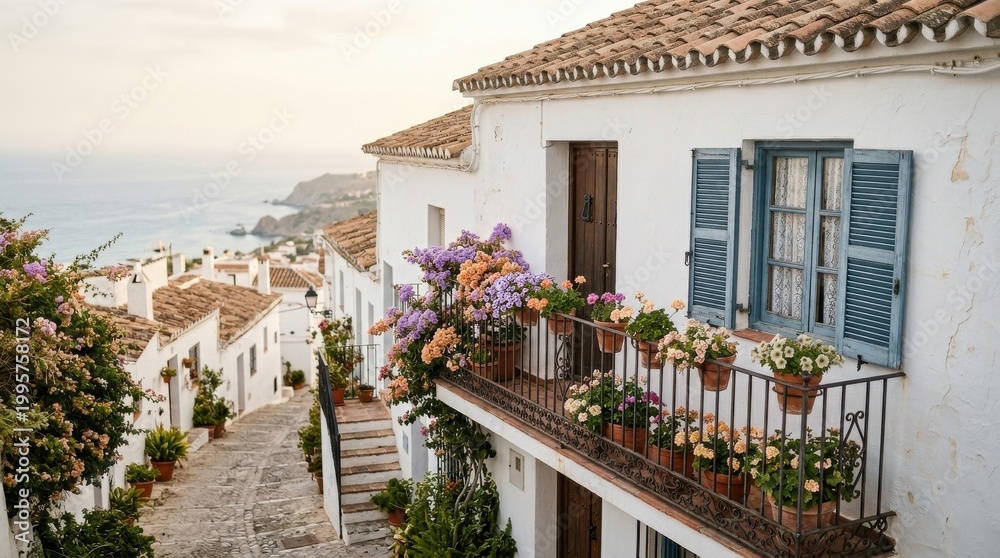 Fototapeta premium Picturesque European Village Balcony Flowers Sea View