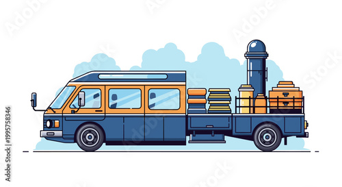 Illustrated blue and orange flatbed truck loaded with various cargo items, including boxes and barrels, set against a simple sky background.
