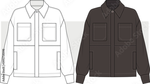 Men courier jacket, utility cargo shirt fashion technical drawing, illustration. Jacket Coat flat sketch, vector. Cad, Mockup.