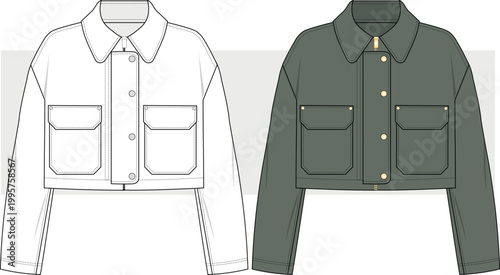 Women courier jacket, utility cargo cropped shirt fashion technical drawing, illustration. Jacket Coat Shirt flat sketch, vector. Cad, Mockup.