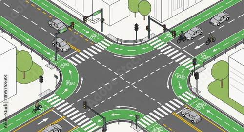 Urban intersection with dedicated bicycle lanes and pedestrian crossings.