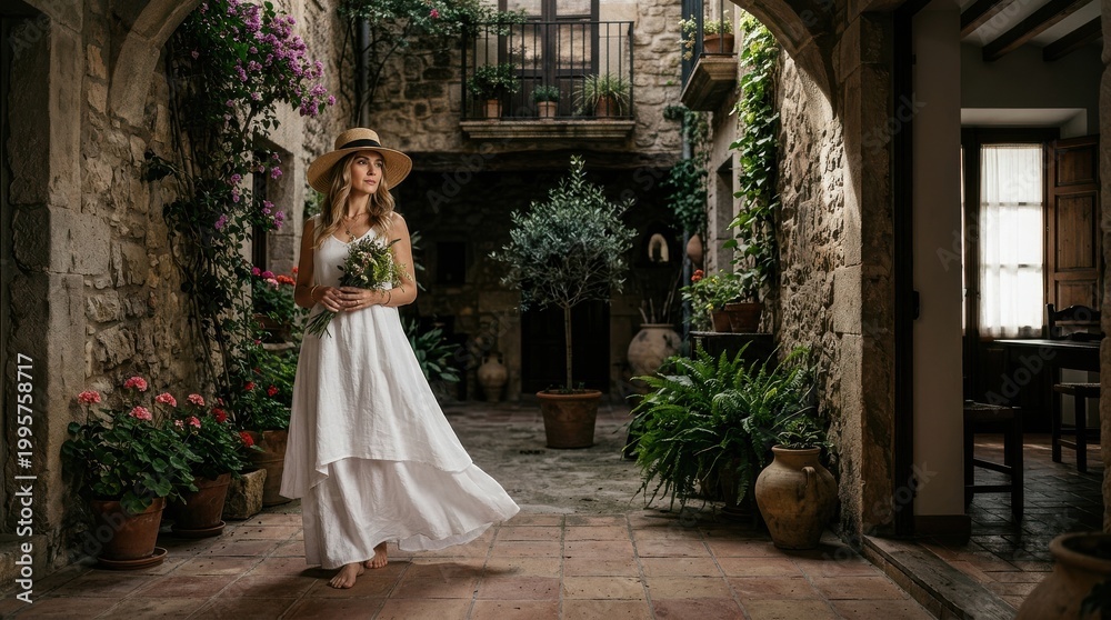 Obraz premium Woman in white dress holding flowers in courtyard