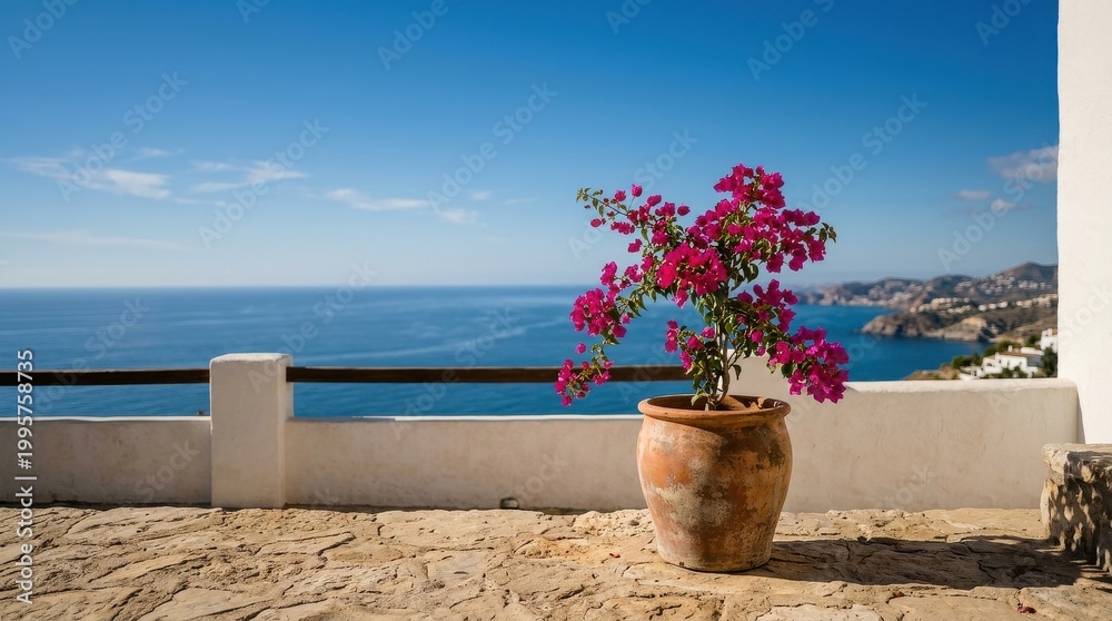 Obraz premium Potted Pink Flowers on Terrace Overlooking Ocean
