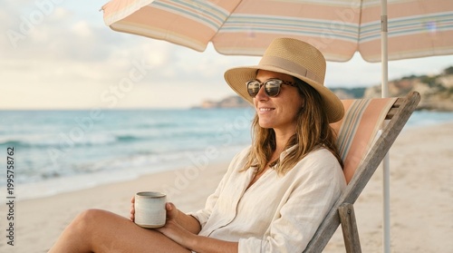Woman Relaxing Beach Chair Holding Coffee Cup
