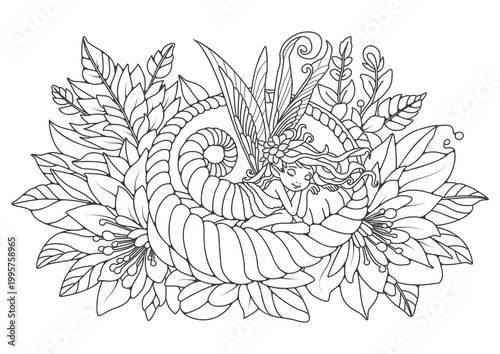 A cute elf sleeps in a comfortable bed among flowers. Coloring page for children and adults. Black and white illustration for coloring.