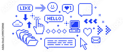 Minimal pixel UI icons background in retro 8bit style on clean light layout. Stack of file folders, PC, cursor, hand. Retro technology blue elements set for apps, dashboards, modern digital interfaces