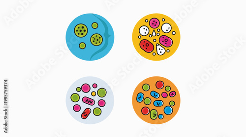 Colorful, illustrative depictions of various microscopic biological structures in round shapes