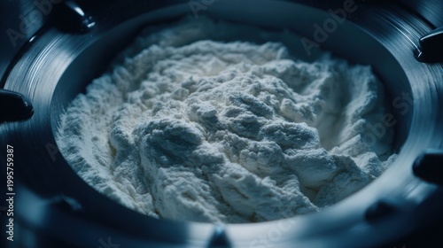 Close-up of finely powdered pharmaceutical ingredients being blended in a container for manufacturing and production