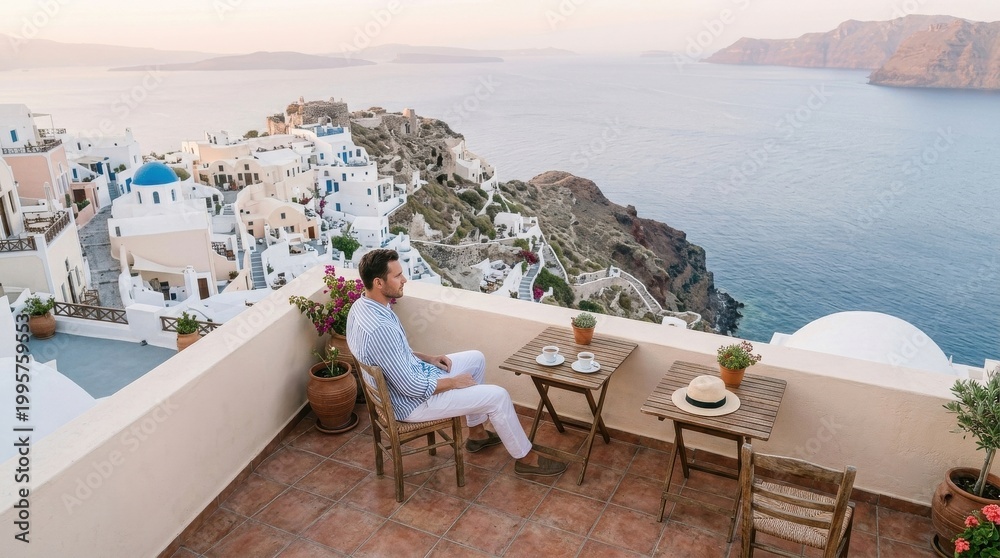 Obraz premium Man on balcony overlooking Greek island village