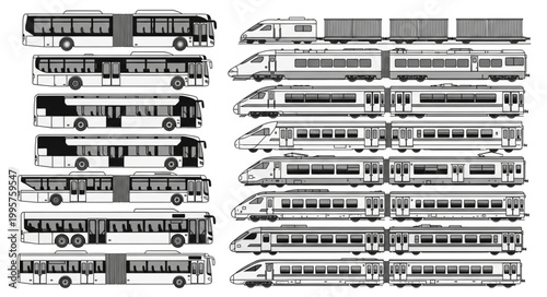 Collection of different types of buses and trains in black and white illustration.