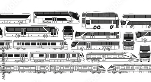 Collection of Bus and Train Vehicle Illustrations.