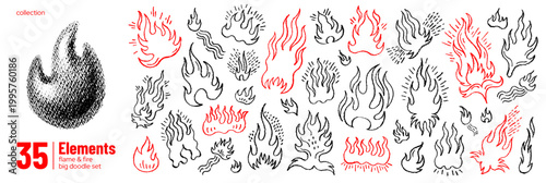 Fire flame icon. Doodle fire vector illustration. Hand drawn grunge flame. Brush marker pencil chalk crayon line set. 3d Halftone hot shape logo. Fire grafitti pattern graphic. Grill vintage sketch bg