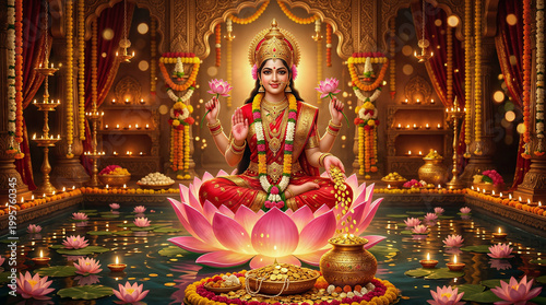 Goddess Lakshmi, Beautiful Lakshmi holding lotus flowers, golden coins falling, glowing diyas, rich reds and golds, festive divine lighting