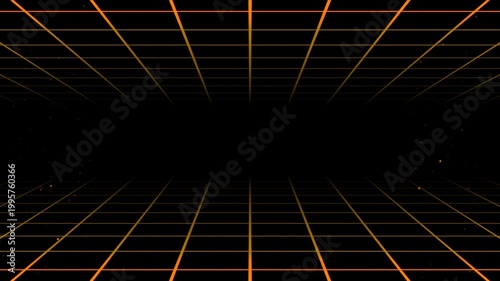 Futuristic orange neon grid perspective with glowing particles on black background for sci-fi intro, loop and motion graphics, 4K Video