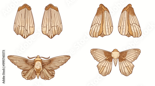 Artistic depiction of moths in different poses, showcasing their wings and body details on white