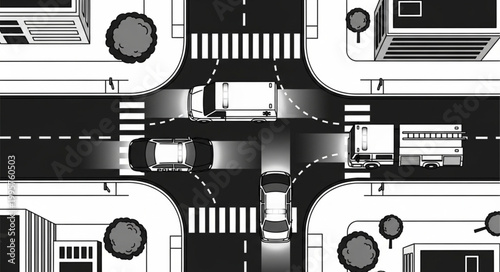 Aerial View of Busy City Intersection with Traffic Flow.