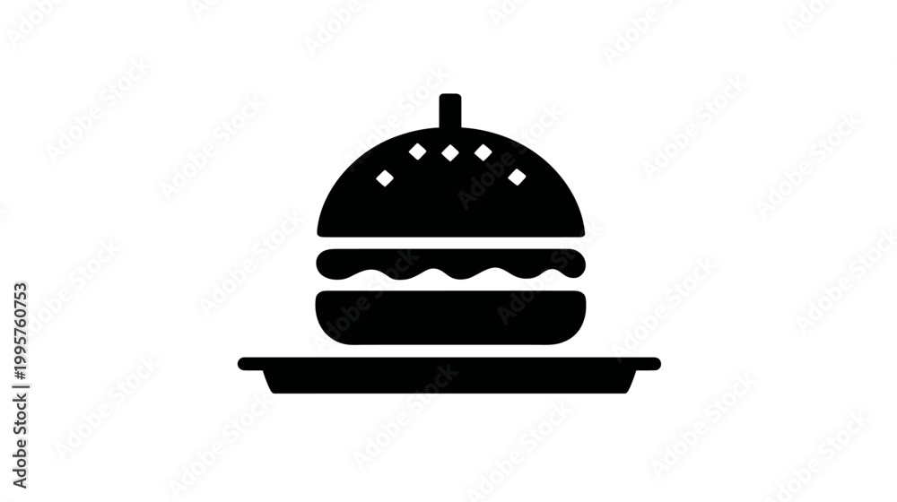 Fototapeta premium A black and white graphic illustration of a burger on a plate with bun, patty, and toppings