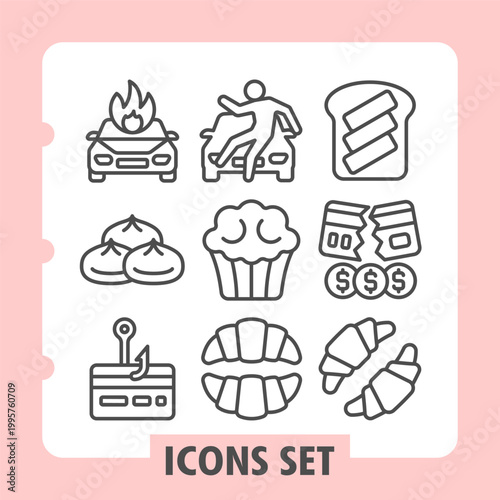Car accident, dumplings, credit card fraud cons, featuring concepts of daily life, financial dealings, common foods and security. Set of nine line icons on white background.