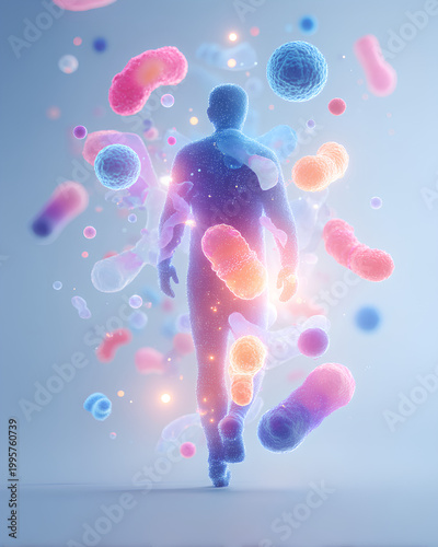 Diverse beneficial bacteria linked to healthy aging concept showcasing longevity microbiome balance wellness and futuristic health science theme