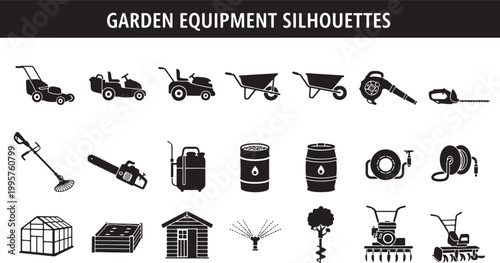 Set of Black Silhouette Icons Representing Various Gardening Tools and Landscaping Equipment for Professional Maintenance and Design