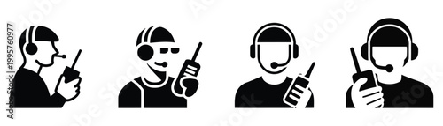 High quality vector of set of security officer icons with radio and headset.