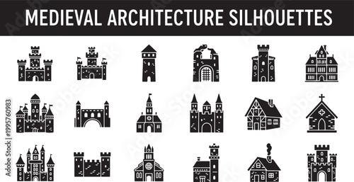 Set of 18 Medieval Architecture Silhouettes Featuring Castles Fortresses Churches and Historical Buildings in Flat Vector Style