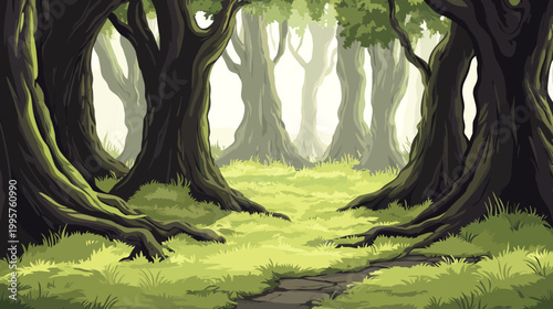 Pixelated illustration of a forest interior with large, dark trees, lush grass, and a path