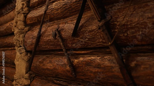 Closeup of traditional workshop tools hanging on weathered timber