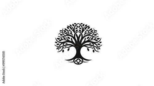 A stylized tree with intricate branches, leaves, and roots; a symbol of growth and life
