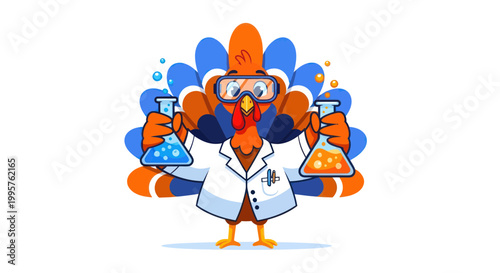 Cartoon Turkey Scientist in Lab Coat with Beakers and Goggles