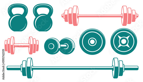Colorful gym weights and exercise equipment set