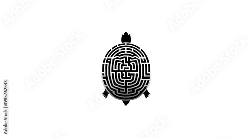 Black and white image of a tortoise with a maze design on its shell, set against a white background