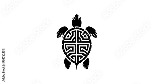 A stylized black and white illustration of a turtle with a geometric shell design