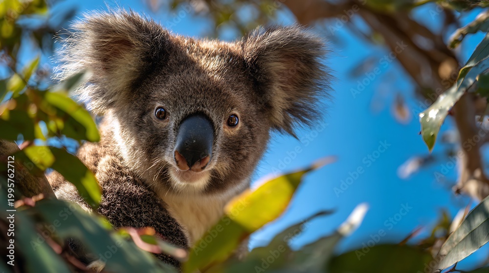 Obraz premium Curious Koala Peeking through Leaves / 葉の間から覗く好奇心旺盛なコアラ