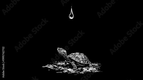 A stark, minimalist illustration of a tortoise beneath a falling water droplet against a black backdrop