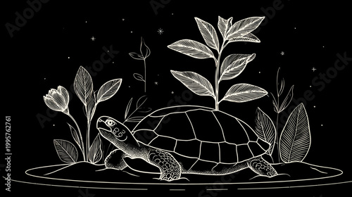 Black background illustration featuring a turtle among plants, using only white lines