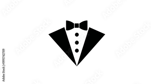 A black and white graphic of a tuxedo, bow tie, and shirt studs