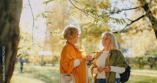 Billede på lærred Senior women enjoying friendship and conversation in autumn park