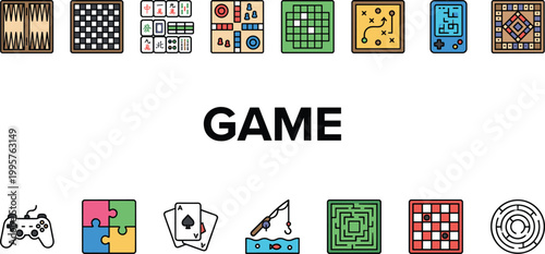 Game icon set featuring board games puzzles cards controllers and classic tabletop entertainment colorful vector collection
