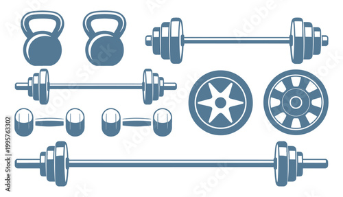 Flat design gym weights and exercise equipment set