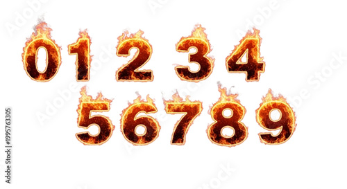Flaming Fire Numbers Vector Set – Burning Hot Numeric Font for Sports, Racing, and Countdown