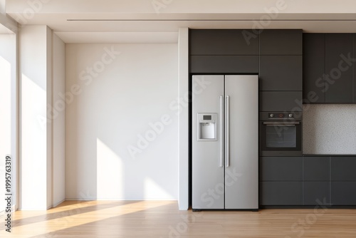 Modern kitchen features a stainless steel refrigerator and built-in oven.