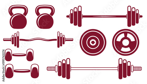 Maroon gym weights and exercise equipment set